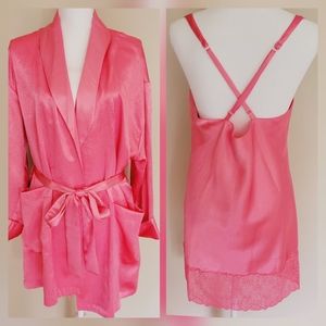 Vintage Gold Label Victoria Secret Pink Lace Robe Slip Dress Lingere Size Large